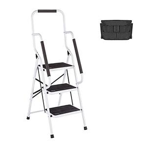 lot 2060 image: Usinso 3 Step Ladder Tool Ladder Folding Portable Steel Frame MAX 500 lbs Non-Slip Side armrests Large Area Pedals Detachable ToolBag Suitable for Home Office Engineering