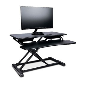 lot 2115 image: $150- TechOrbits Standing Desk Converter - 32-inch Height Adjustable, MDF Wood, Sit-to-Stand Desk Risers for Dual Monitor Workstation - Home Office Accessories - Black