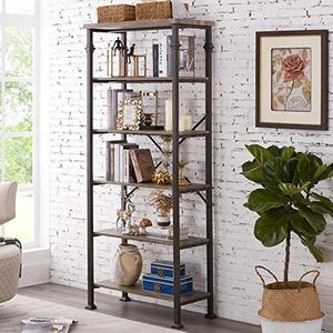 lot 2127 image: Hombazaar 6-Tier Tall Bookshelf, Vintage Industrial Metal Bookcase Display Rack and Storage Organizer for Living Room, Grey Oak