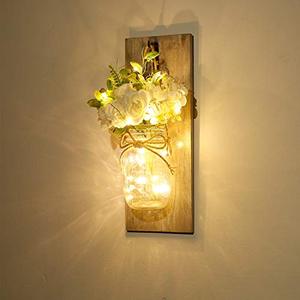 lot 2153 image: Wall Decor Mason Jar Sconces - Home Decor Wall Art Hanging Design with Remote Control LED Fairy Lights and White Rose, Farmhouse Wall Decorations for Bedroom Living Room Lights Set of Two
