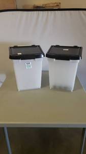 lot 2187 image: 13in x 14in x 15in Rolling Plastic Bins With Lockable Lids Lot Of 2