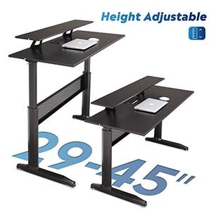 lot 2252 image: DEVAISE Adjustable Height Standing Desk, 55 Inch Sit to Stand Up Desk Workstaion Riser with Dual Shelf for Office Home, Black