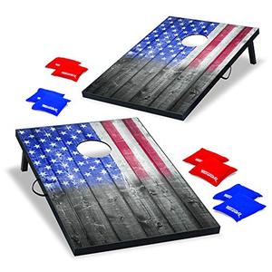 lot 2265 image: Wild Sports 2x3 Cornhole Outdoor Game Set, USA Flag MDF Wood with all weather bean bags included - perfect for Backyard, Beach, Park, Tailgates, Outdoors and Indoors