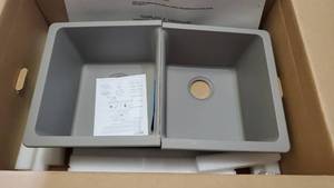 lot 2294 image: Damaged - Elkay Quartz Classic ELGU3322GR0 Greige Equal Double Bowl Undermount Sink