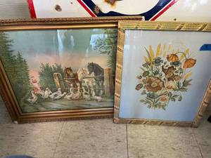 lot 4 image: Farm girl litho print, pressed flowers print in chalk frame. QTY 2