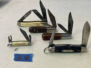 lot 28 image: misc pocket knives #1- imperial, white shrade, barlow (2), red goose shoes mini pocket knife. QTY 5