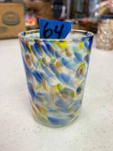 lot 64 image: Coin spot multi color clear tumbler, blue yellow orange.