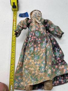lot 85 image: tin head cloth doll, 14 inch, dress and stand