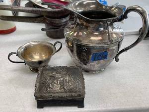 lot 106 image: silver plated lot- pitcher,sugar bowl no lid, trinket box.