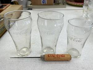 lot 133 image: coca cola 6 inch glasses- 2, coca cola glass 5 Inch-1 , coca cola ice pick.