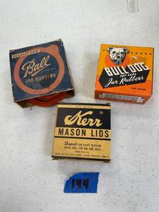 lot 144 image: Vintage kerr lids, top seal jar rubbers, ball jar rubbers.
