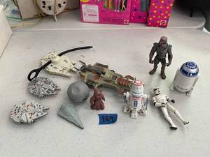 lot 169 image: Star wars misc toy lot- r2 d2, ewok, chewy, die cast millennium falcons.
