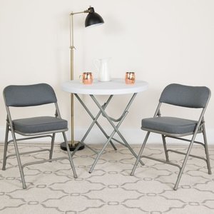 lot 6 image: Set of 2, Curved Triple Braced and Double Hinged Fabric Upholstered Metal Folding Chair