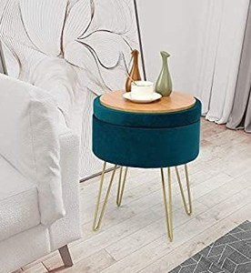 lot 44 image: YITAHOME Round Velvet Storage Ottoman Footrest Stool with Gold Metal Legs & Tray Top Coffee Table, Upholstered Vanity Chair for Living Room Bedroom, Teal