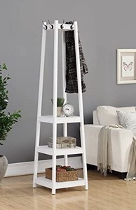 lot 60 image: Roundhill Furniture Vassen Coat Rack with 3-Tier Storage Shelves, White