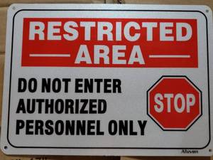 lot 99 image: Restricted Area tin sign, reflective, 10x7 inch