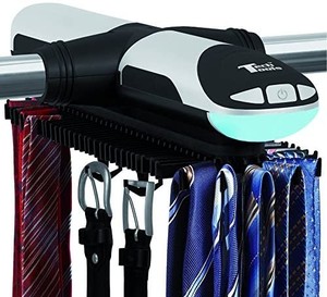lot 107 image: Motorized Revolving Tie and Belt Rack with Built in LED Light - Automatic Tie Rack Rotates Forwards & Backwards - Holds 72 Ties and 8 Belts - Bottom Hooks for Belts & Other Accessories