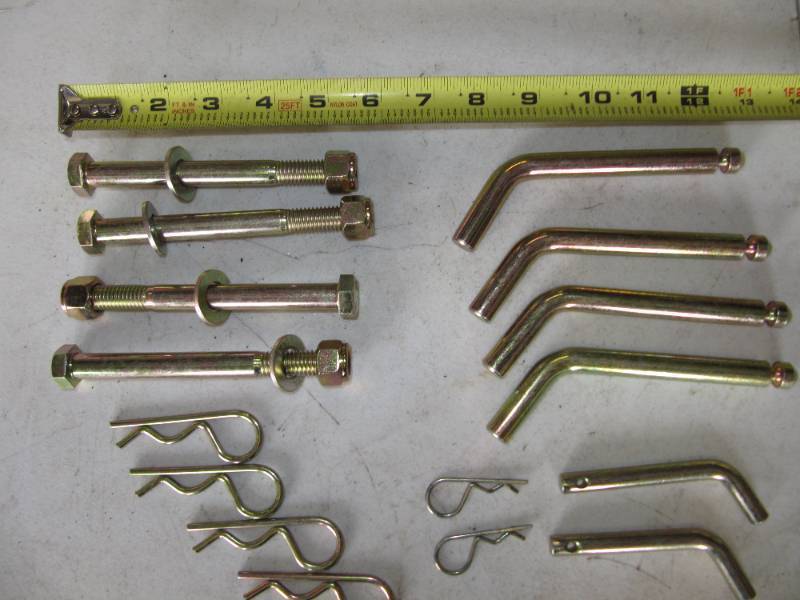 lot 2018 image: 4) 12X5 HEX BOLTS, 4) WASHERS, 4) NYLON LOCK NUT, 4) BENT CLEVIS PIN 12 OD 3.5,  4 58 HAIR PIN, 2) 38 CLEVIS PINS, 2) 38 HAIR PIN4 12X5 HEX BOLTS,4 WASHERS,4 NYLON LOCK NUT, 4 BENT CLEVIS PIN 12 OD 3.5,4 58 HAIR PIN,2CLEVIS PINS,