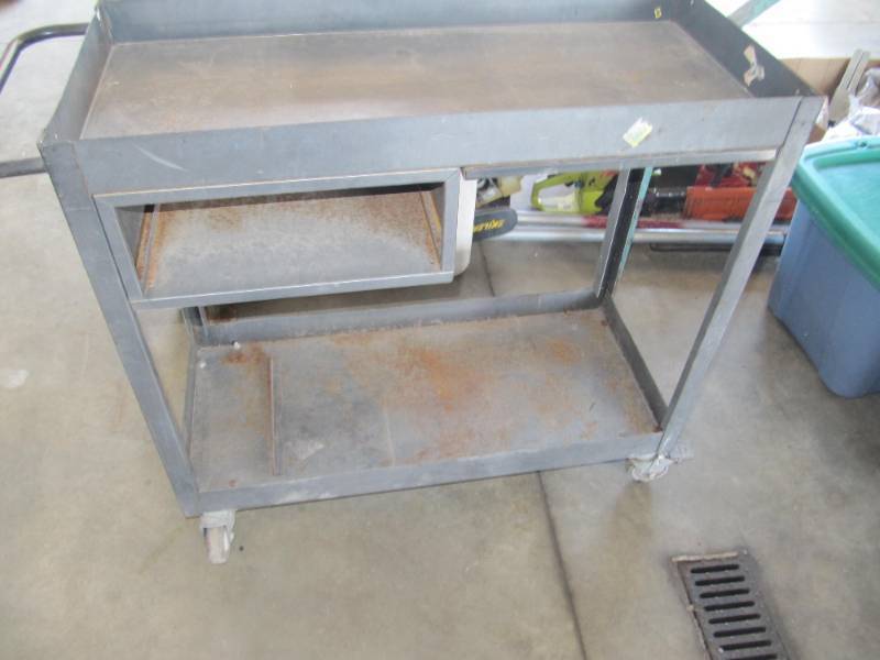 lot 2221 image: ROLLING METAL PUSH WORK BENCHCART HAS LOCKING WHEELS  37.5 L X 16.5 W X 36 T