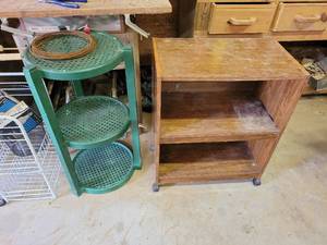 lot 29457 image: Rolling Shelf, 2 Wire Racks, Green Plant Stand