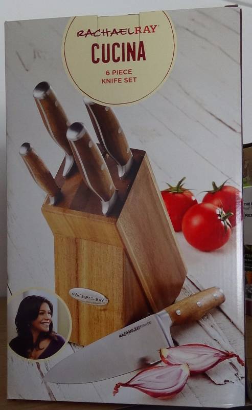 lot 3221 image: Rachael Ray Cucina Cutlery 6-Piece Japanese Stainless Steel Knife Block Set with Acacia Handles