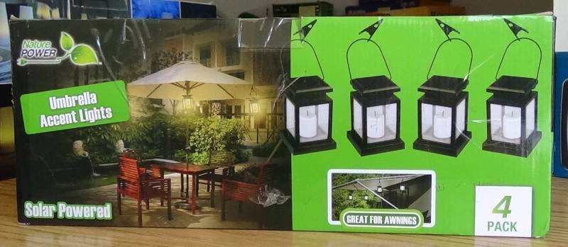 lot 3198 image: Nature Power Solar Outdoor LED Umbrella Light, Black Finish, 4-Pack