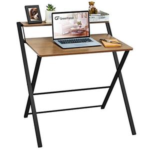 lot 19049 image: GreenForest Folding Desk No Assembly Required, 2-Tier Small Computer Desk with Shelf Space Saving Foldable Table for Small Spaces, Espresso