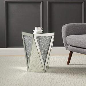 lot 19052 image: Mirrored End Table with Crystal Inlay, Square Modern Side Table Silver Accent Table, Drum End Table for Living Room Bedroom from MIREO Fine Furniture RETAIL $169.99