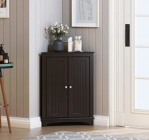 lot 19053 image: Spirich Home Floor Corner Cabinet with Two Doors and Shelves, Free-Standing Corner Storage Cabinets for Bathroom, Kitchen, Living Room or Bedroom, Espresso�