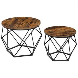 lot 19065 image: VASAGLE Nesting Table Set of 2, Round Coffee Table with Steel Frame, Side End Table for Living Room, Bedroom, Office, Rustic Brown and Black ULET040B01