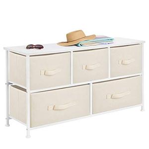 lot 19093 image: mDesign Horizontal Storage Dresser Unit - Large Furniture Room Organizer Cabinet for Bedroom, Hallway, Office, and Closet - 5 Removable Fabric Drawers - CreamWhite