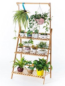 lot 19104 image: Bamboo 3-Tier Hanging Plant Stand Planter Shelves Flower Pot Organizer Rack Folding Display Shelving Plants Shelf Unit Holder