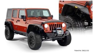 lot 19142 image: Bushwacker 10918-07 Black Jeep Flat Style Textured Finish 4-Piece Fender Flare Set for 2007-2018 Jeep Wrangler JK Unlimited 4-Door
