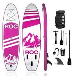 lot 19185 image: Roc Inflatable Stand Up Paddle Board PinkRoc Inflatable Stand Up Paddle Boards W Free Premium SUP Accessories & Backpack, Non-Slip Deck Bonus Waterproof Bag, Leash, Paddle and Hand Pump (Pink)