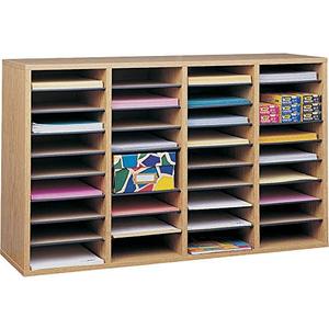 lot 19268 image: Safco Products Wood Adjustable Literature Organizer, 36 Compartment 9424MO, Medium Oak, Durable Construction, Removable Shelves, Stackable,Light Brown