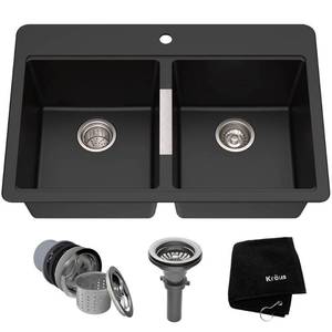 lot 19277 image: KRAUS 33 Inch Dual Mount 5050 Double Bowl Granite Kitchen Sink w Topmount and Undermount Installation in Black Onyx