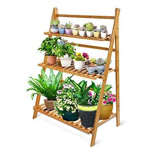 lot 19305 image: OGORI Bamboo Ladder Plant Stand 3-Tier Foldable Organizer Flower Display Shelf Rack for Home Patio Lawn Garden Balcony
