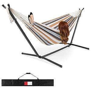 lot 19347 image: Best Choice Products 2-Person Indoor Outdoor Brazilian-Style Cotton Double Hammock Bed wCarrying Bag, Steel Stand, Desert Stripes