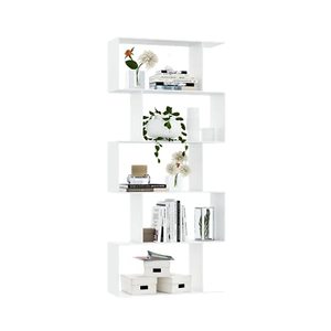 lot 19378 image: Yusong 5-Tier Wooden Geometric Bookcase,Industrial S Shaped Bookshelf Display Shelf & Room Divider,Decorative Storage Shelving for Living Room,White