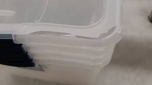 lot 19498 image: Cleverstore 71 Qt. Latching Plastic Storage Container and Lid, Clear (4-Pack)