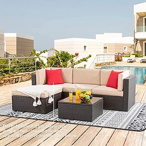 lot 19530 image: Shintenchi 5 Pieces Patio Furniture Sets Outdoor All-Weather Sectional Patio Sofa Set PE Rattan Manual Weaving Wicker Patio Conversation Set with Glass Table&Ottoman Cushion and Red Pillows (Brown)