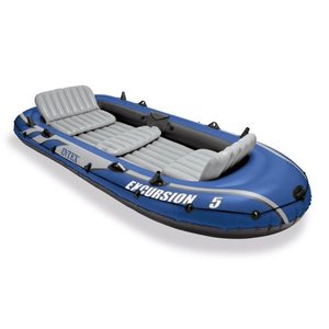 lot 4170 image: Intex Excursion 5 Person Inflatable Fishing Boat Set with 2 Oars, Air Pump & Bag