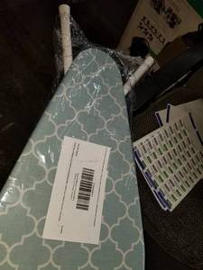 lot 4203 image: HOMZ FBA_4740044 4-Leg Steel Top Ironing Board, Blue Lattice Cover, Made in the USA, Creamstripe