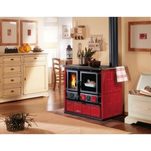 lot 24439 image: FACTORY SEALED Wood Burning Cook Stove La Nordica rosa Maiolica Bordeaux Cooking Range & Oven RETAIL $2,700.00