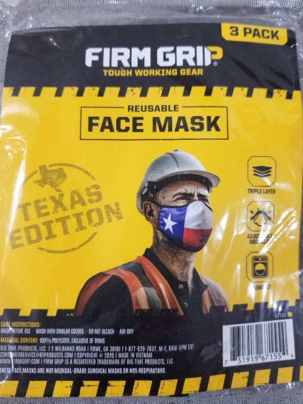lot 80015 image: FIRM GRIP TOUGH WIRKING GEAR REUSABLE FACE MASK TEXAS EDITION 3 PACK