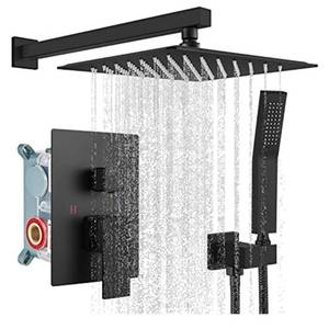 lot 5866 image: Rainfall Shower System Matte Black with High Pressure 10 inch Shower Head Hand Held Square Shower Head Bathroom Luxury Rain Mixer Shower Complete Combo Set Wall Mounted