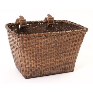 lot 12298 image: Retrospec Bicycles Cane Woven Rectangular Toto Basket with Authentic Leather Straps and Brass Buckles