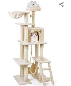 lot 12340 image: rabbitgoo Cat Tree Cat Tower 61 for Indoor Cats, Multi-Level Cat Condo with Hammock & Scratching Posts for Kittens, Tall Cat Climbing Stand with Plush Perch & Toys for Play Rest