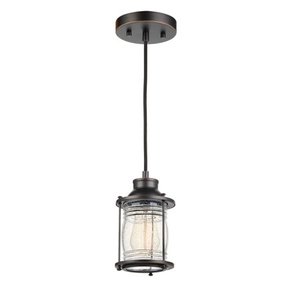 lot 12440 image: Globe Electric Bayfield 1-Light Dark Bronze Plug-In or Hardwire Pendant Lighting with Ribbed Seeded Glass Shade, 60882