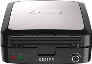 lot 13960 image: KRUPS Belgian Waffle Maker, Waffle Maker with Removable Plates, 4 Slices, SilverBlack